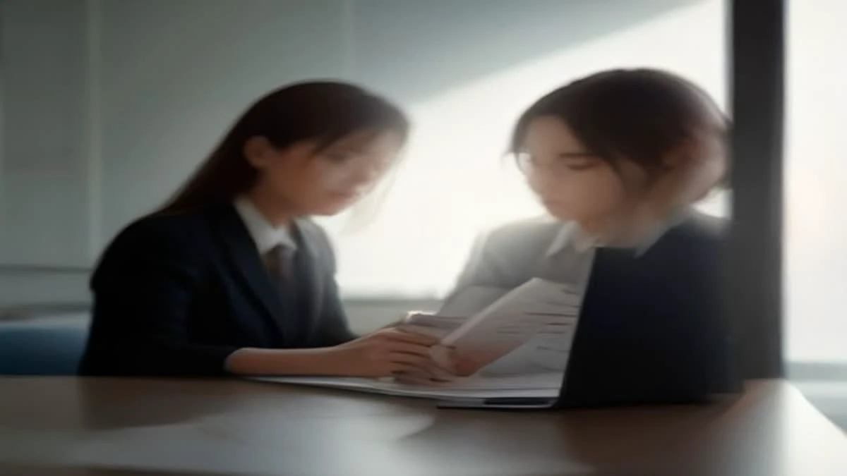 medium shot of a small office meeting with two people reviewing printed charts on a desk, overcast diffused light (illustrative image)